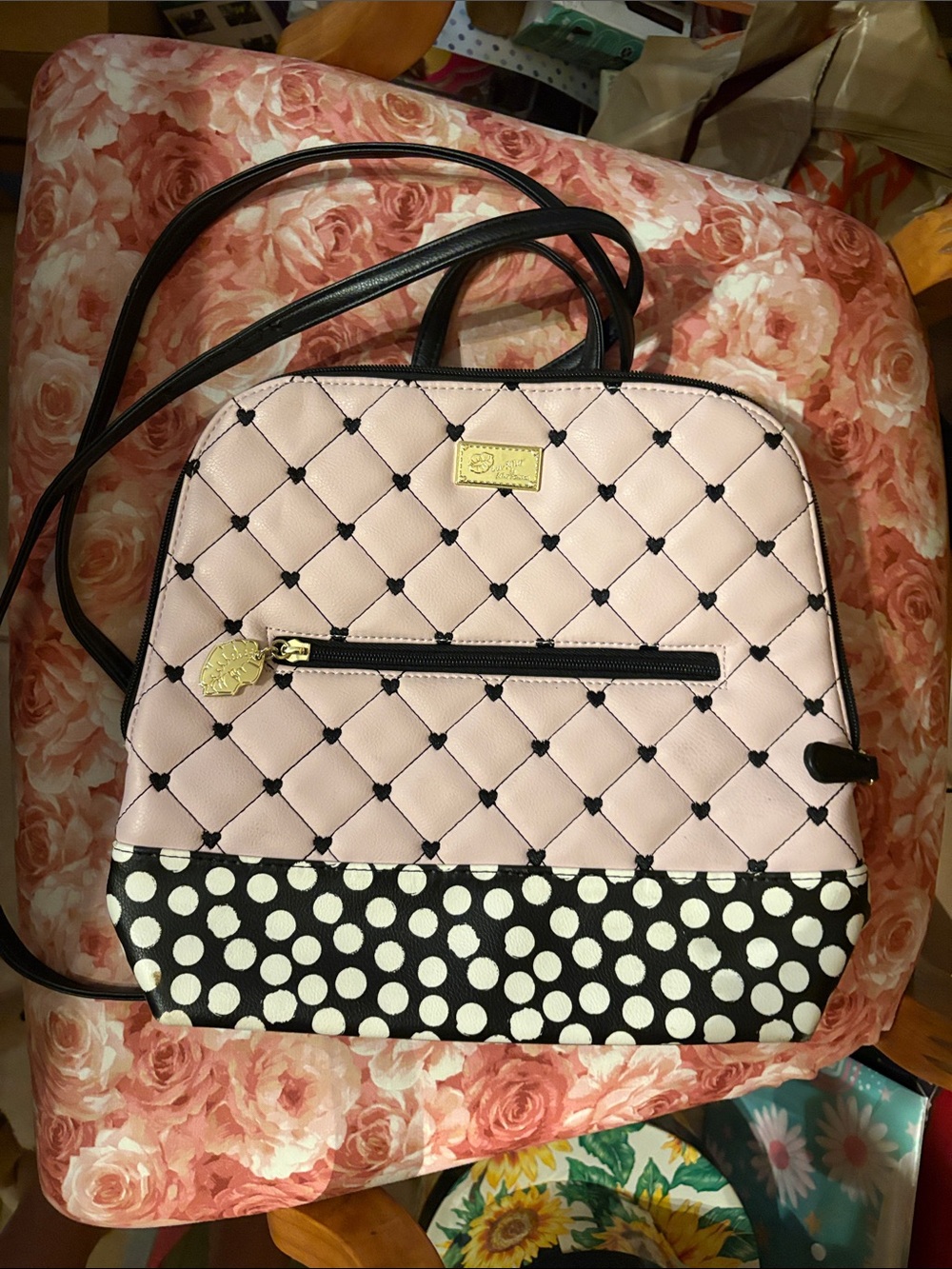 Betsey Johnson Pink and Black Quilted Polka Dot Crossbody